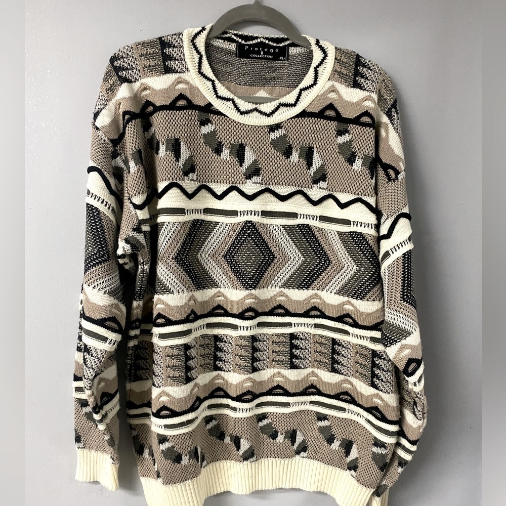 VNTG FISHERMAN/GRANDPA WOOL 3D SWEATER EMBROIDERED HAND STITCHED MULTI COLOR